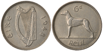 ИРЛАНДИЯ 6 ПЕНСОВ 1948 ИРЛАНДСКИЙ ВОЛКОДАВ, РЕДКОЕ СОСТОЯНИЕ KM 13a медно-никель 25-353