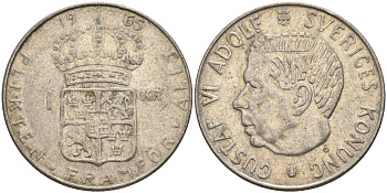 Швеция 1 крона 1965 U, Густав VI Адольф (1950-1973) KM 826 серебро 4150-146