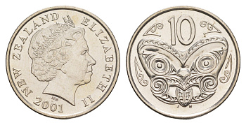 Новая Зеландия 10 центов 2001 Елизавета II (1952-2022), маска маори KM 117 медно-никель UNC 4652-656