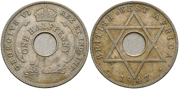 Британская Западная Африка 1/2 пенни 1947 H, Георг VI KM 18 медно-никель 25-1235