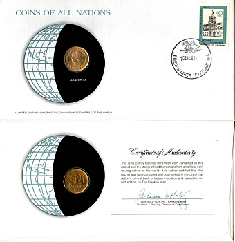 Аргентина 50 сентаво 1975 конверт с маркой первого дня гашения, Coins of Nations KM 68 латунь UNC 4294-21-2