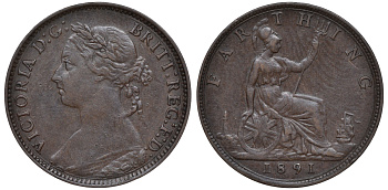 Великобритания 1 фартинг 1891 Виктория (1837-1901) KM 753, Spink 3958 бронза 4609-1034