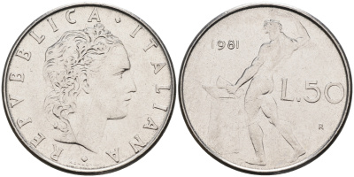 Италия 50 лир 1981 R, бог огня Вулкан у наковальни KM 95.1 нержавеющая сталь 4116-355
