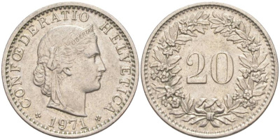 ШВЕЙЦАРИЯ 20 РАППЕНОВ 1971 KM 29a медно-никель 55-936