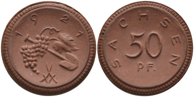 Саксония 50 пфеннигов 1921 виноград и лопата J. N 54 фарфор 1094-5-45