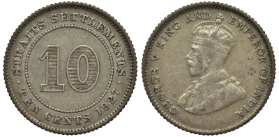 Стрейтс-Сетлментс 10 центов 1927 Георг V (1910-1936) КМ 29b серебро 53-635