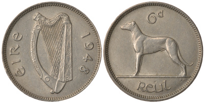 ИРЛАНДИЯ 6 ПЕНСОВ 1948 ИРЛАНДСКИЙ ВОЛКОДАВ, РЕДКОЕ СОСТОЯНИЕ KM 13a медно-никель 25-353