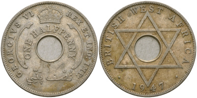 Британская Западная Африка 1/2 пенни 1947 H, Георг VI KM 18 медно-никель 25-1235