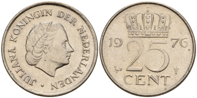 Нидерланды 25 центов 1976 Юлиана (1949-1980) KM 183 никель    4598-516