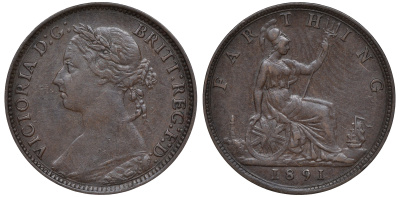 Великобритания 1 фартинг 1891 Виктория (1837-1901) KM 753, Spink 3958 бронза 4609-1034