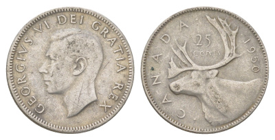 Канада 25 центов 1950 Георг VI (1936-1952), олень KM 44 серебро 4622-821