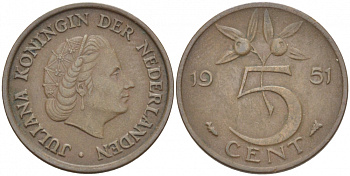 НИДЕРЛАНДЫ 5 ЦЕНТОВ 1951 ЮЛИАНА KM 181 бронза 3718-156