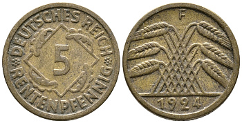 ГЕРМАНИЯ 5 РЕНТЕНПФЕННИГОВ 1924 F KM 32, J. 308 алюминиевая бронза 39-458
