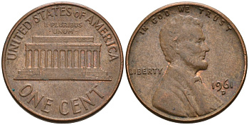 США 1 цент 1961 D, Авраам Линкольн KM 201 медь цинк 4564-352