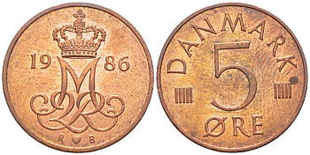 ДАНИЯ 5 ЭРЕ 1986 R; B, МАРГРЕТЕ II (1972-) KM 859,3 железо плакированное медью 201-1168