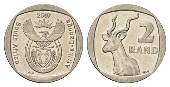 ЮАР 2 ранда 2007 KM 296 медь плакированная никелем aUNC 4628-147