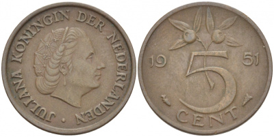 НИДЕРЛАНДЫ 5 ЦЕНТОВ 1951 ЮЛИАНА KM 181 бронза 3718-156