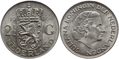 Нидерланды 2 1/2 гульдена 1966 Юлиана (1948-1980) KM 185 серебро 633-912