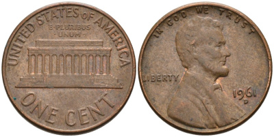 США 1 цент 1961 D, Авраам Линкольн KM 201 медь цинк 4564-352