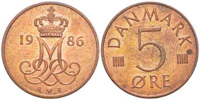 ДАНИЯ 5 ЭРЕ 1986 R; B, МАРГРЕТЕ II (1972-) KM 859,3 железо плакированное медью 201-1168