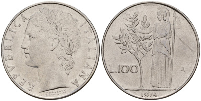 Италия 100 лир 1974 R, Афина у оливкого дерева KM 96.1 нержавеющая сталь 4157-1122