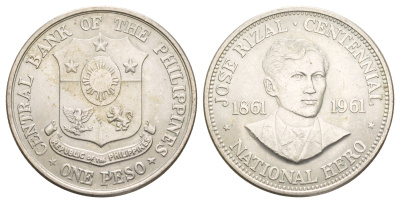 Филиппины 1 песо (писо) 1961 100 лет со дня рождения Хосе Ризала KM 192 серебро aUNC 413-443