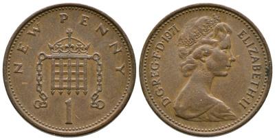 Великобритания 1 пенни 1971 Елизавета II (1952-2022) KM 915, Spink 4237 (B1) бронза 3999-646