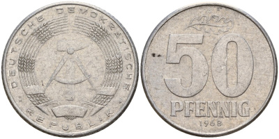 ГДР 50 пфеннигов 1968 A KM 12.2 алюминий 113-441