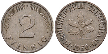 ФРГ 2 пфеннига 1950 F KM 106, J.381 сталь плакированная медью 4174-624