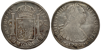 Мексика 8 реалов 1799 FM, монетный двор Mo (Мехико Сити), Карл IV Испанский (1788-1808) KM 109 серебро 11-273-22