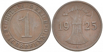 ГЕРМАНИЯ 1 РЕЙХСПФЕННИГ 1925 А KM 37, J. 313 бронза 3718-165