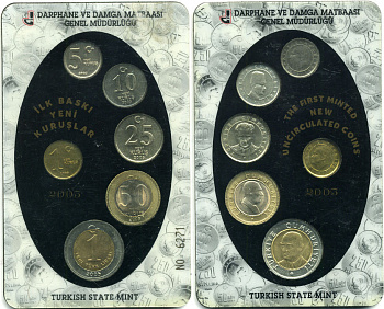Турция официальный набор из 6 монет 2005 первый выпуск в новом дизайне, в оригинальном буклете UNC 3-6-3-20