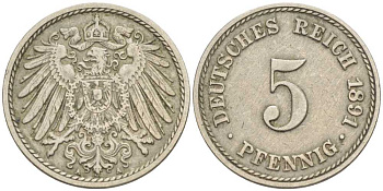 ГЕРМАНИЯ 5 ПФЕННИГОВ 1891 А KM 11, J. 12 медно-никель 100-541