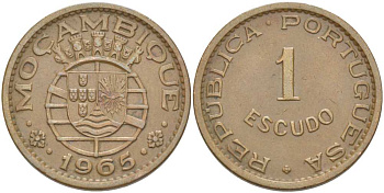 Португальский Мозамбик 1 эскудо 1965  KM 82 бронза 4513-655