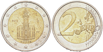 ФРГ 2 евро 2015 D, Федеральные земли Германии - Церковь Св. Павла во Франкфурт-на-Майне, Гессен KM 336 биметалл 4128-132