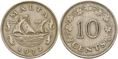 Мальта 10 центов 1972 баржа Великого магистра KM 11 медно-никель 4137-826