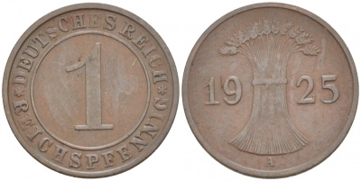 ГЕРМАНИЯ 1 РЕЙХСПФЕННИГ 1925 А KM 37, J. 313 бронза 3718-165
