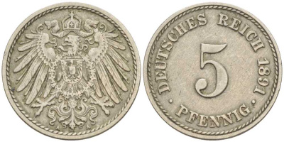 ГЕРМАНИЯ 5 ПФЕННИГОВ 1891 А KM 11, J. 12 медно-никель 100-541