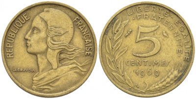 ФРАНЦИЯ 5 САНТИМОВ 1969 ТИП MARIANNE KM 933 медь алюминий никель 3309-1038