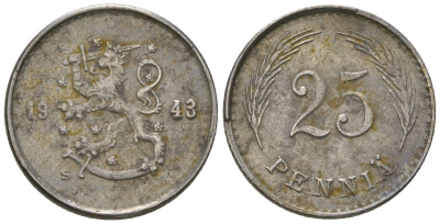 Финляндия 25 пенни 1943 S KM 25b железо 4174-1017