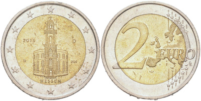 ФРГ 2 евро 2015 D, Федеральные земли Германии - Церковь Св. Павла во Франкфурт-на-Майне, Гессен KM 336 биметалл 4128-132