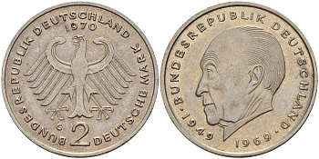 ФРГ 2 марки 1970 G, Конрад Аденауэр KM 124, J. 406 медно-никель 4159-1155