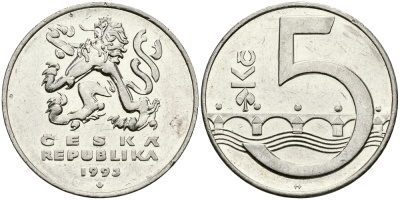 Чехия 5 крон 1993 чешский лев, Карлов мост KM 8 сталь плакированная никелем 540-751