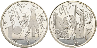 ФРГ 10 евро 2003 D, 100 лет немецкому музею в Мюнхене KM 225, DE.S. 10.6 серебро PROOF 02-038-15