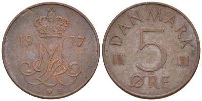 ДАНИЯ 5 ЭРЕ 1977 S; B, МАРГРЕТЕ II (1972-) KM 859.1 железо плакированное медью 4564-1164