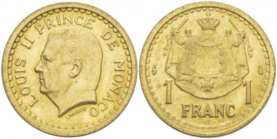 Монако 1 франк 1945 Луи II (1922-1949) KM 120 a алюминиевая бронза UNC 4402-732