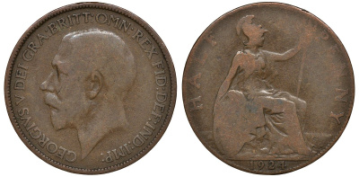Великобритания 1/2 пенни 1924 Георг V (1910-1936) KM 809, Spink 4056 бронза 4163-541