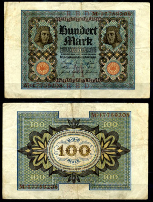 Германия 100 марок 1920 Бамбергский всадник, 8 цифр в номере, серия M, буква M Pick 69 b, Розенберг 67b  бумага   8617-11-2-1