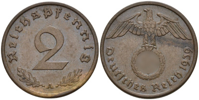 Германия 2 рейхспфеннига 1939 A KM 90, J. 362 бронза 4151-134