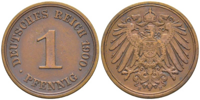 ГЕРМАНИЯ 1 ПФЕННИГ 1900 E KM 10, Jager. 10, Weege 2 медь 4528-1161